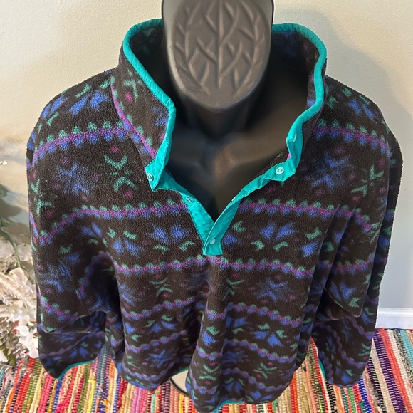 90s LL Bean Fleece Jacket Pullover Neon Snowflake Vintage MADE IN USA Large - Picture 3 of 6